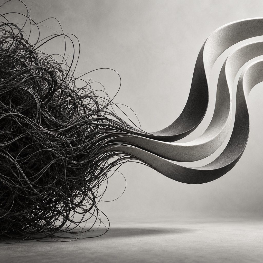 Tangled black filaments resolving into clear, flowing ribbons.
